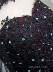 Gorgeous Black And Red Tulle Ball Gown Sweet 16 Dresses With Cape, Long Prom Dresses