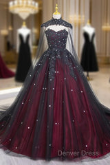 Gorgeous Black And Red Tulle Ball Gown Sweet 16 Dresses With Cape, Long Prom Dresses