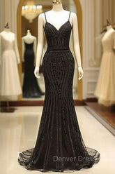 Gorgeous Black Evening Dresses Mermaid Luxury Heavy Beaded Straps Long Formal Evening Dresses