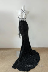 Gorgeous Black Sequin Mermaid Spaghetti Strap Vling Long Prom Dresses Backless Formal Evening Dresses