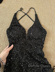 Gorgeous Black Sequin Mermaid Spaghetti Strap Vling Long Prom Dresses Backless Formal Evening Dresses