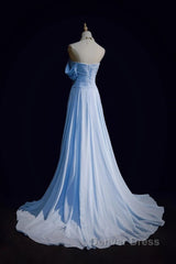 Gorgeous Blue A-Line Chiffon Pleated One Shoulder Slit Long Evening Gown Ball Gown Wedding Dresses