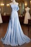 Gorgeous Blue A Line Chiffon Pleated One Shoulder Slit Long Prom Gowns Ball Gowns Wedding Dresses