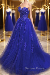 Gorgeous Blue Lace Floral Long Prom Dresses, Blue Appliques Formal Evening Dresses, Blue Ball Gown