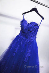 Gorgeous Blue Lace Floral Long Prom Dresses, Blue Appliques Formal Evening Dresses, Blue Ball Gown