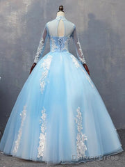 Gorgeous Blue Long Sleeves Ball Gown Sweet 16 Dress, Charming Formal Gown