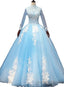 Gorgeous Blue Long Sleeves Ball Gowns Sweet 16 Dresses, Charming Prom Gowns