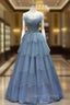 Gorgeous Blue Tulle Layers Beaded Long Wedding Prom Dresses, Blue Prom Gowns