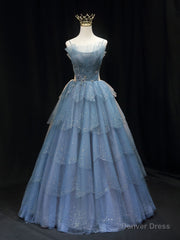 Gorgeous Blue Tulle Layers Beaded Long Wedding Party Dresses, Blue Formal Gown