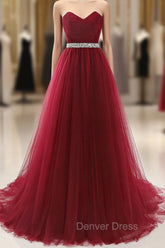 Gorgeous Burgundy Sweetheart Long Prom Dresses Tulle Crystal Evening Gown