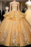 Gorgeous Champagne Ball Gowns Sweet 16 Gowns with Lace, Flowers Lace Prom Dresses