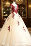 Gorgeous Champagne Tulle Long Sweet 16 Dresses with Red Lace, Prom Gowns