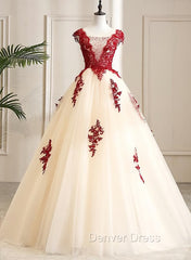 Gorgeous Champagne Tulle Long Sweet 16 Dresses with Red Lace, Formal Gown