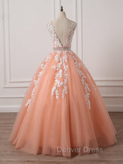 Gorgeous Coral Tulle High Quality V-neck Lace Appliques Beads Party Dresses, Long Formal Dresses