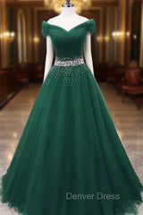 Gorgeous Dark Green Tulle Off Shoulder Long Party Dresses, Prom Gown