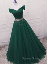 Gorgeous Dark Green Tulle Off Shoulder Long Party Dresses, Prom Gown