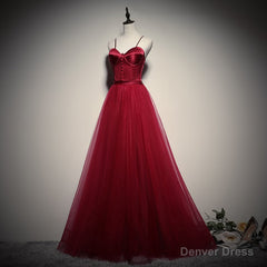 Gorgeous Dark Red Straps Tulle Long Party Dress, A-line Formal Dress