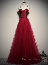 Gorgeous Dark Red Straps Tulle Long Party Dresses, A-line Formal Dresses