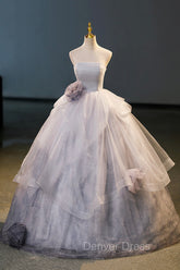 Gorgeous Gray Tulle Long Formal Dresses, Gray Strapless Evening Dresses