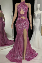 Gorgeous Halter Pink Prom Dresses Sequins Sleeveless Long With Split