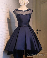 Gorgeous High Low Satin Homecoming Dress, Round Neckline Lace-Up Dress