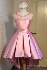 Gorgeous High Low Satin Homecoming Dress, Round Neckline Lace-Up Dress