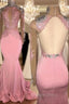 Gorgeous High Neck Backless Pink Prom GownMermaid With Lace Appliques