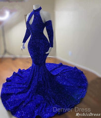 Gorgeous High Neck Long Sleeve Royal Blue Prom Dresses Sequins Party Dresses