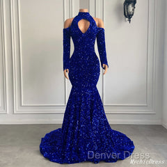 Gorgeous High Neck Long Sleeve Royal Blue Prom Dresses Sequins Party Dresses
