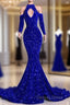 Gorgeous High Neck Long Sleeve Royal Blue Prom Dresses Sequins Party Dresses