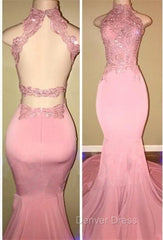 Gorgeous High Neck Pink Lace Prom Party GownsMermaid Long