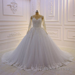 Gorgeous Long A-Line Bateau Pearl Tulle Appliques Lace Wedding Dresses with Sleeves