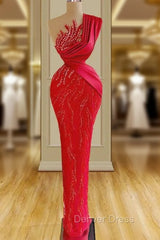 Gorgeous Long Red Mermaid One Shoulder Lace Sequined Sleeveless Prom Dresses