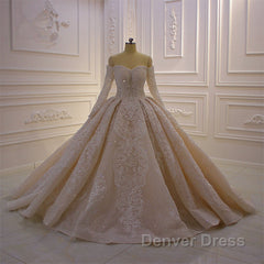 Gorgeous Long Sleeve Off the Shoulder Appliques Lace Ball Gown Wedding Dresses