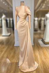 Gorgeous Long Sleeves Champagne Mermaid Prom Dresses High Neck