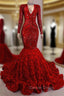 Gorgeous Long Sleeves Sequins Prom Dresses Mermaid V Neck With Flowers Bottom