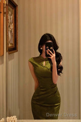 Gorgeous Mermaid High Neckline Green Satin Floral Date Night Dress Long Prom Dresses Birthday Outfits