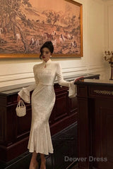 Gorgeous Mermaid High Neckline Ivory Satin Date Night Dress Prom Dresses Birthday Outfits