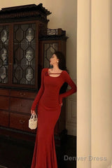 Gorgeous Mermaid Jewel Neckline Long Sleeves Date Night Dress Red Prom Dresses Birthday Outfits