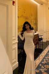 Gorgeous Mermaid Jewel Neckline Long Sleeves Date Night Dress White Prom Dresses Birthday Outfits