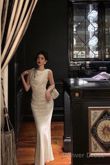 Gorgeous Mermaid Jewel Neckline White Satin Floral Date Night Dress Long Prom Dresses Birthday Outfits