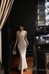 Gorgeous Mermaid Jewel Neckline White Satin Floral Date Night Dress Long Prom Dresses Birthday Outfits