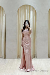 Gorgeous Mermaid Off The Shoulder Sequin Floor Length Pink Slit Evening Dress Prom Dresses
