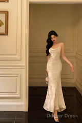 Gorgeous Mermaid Spaghetti Straps Date Night Dress Floral Ivory Satin Prom Dresses Birthday Outfit