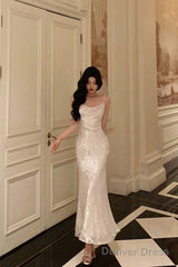 Gorgeous Mermaid Spaghetti Straps Date Night Dress Floral Ivory Satin Prom Dresses Birthday Outfit