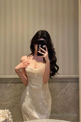 Gorgeous Mermaid Spaghetti Straps Date Night Dress Floral Ivory Satin Prom Dresses Birthday Outfit