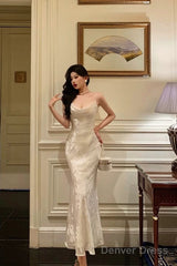 Gorgeous Mermaid Spaghetti Straps Ivory Satin Date Night Dress Prom Dresses Birthday Outfits