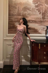 Gorgeous Mermaid Spaghetti Straps Pink Floral Date Night Dress Long Prom Dresses Birthday Outfits