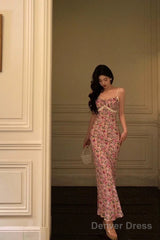 Gorgeous Mermaid Spaghetti Straps Pink Floral Date Night Dress Long Prom Dresses Birthday Outfits