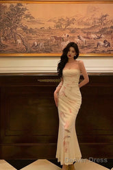 Gorgeous Mermaid Spaghetti Straps White Floral Date Night Dress Long Prom Dresses Birthday Outfits